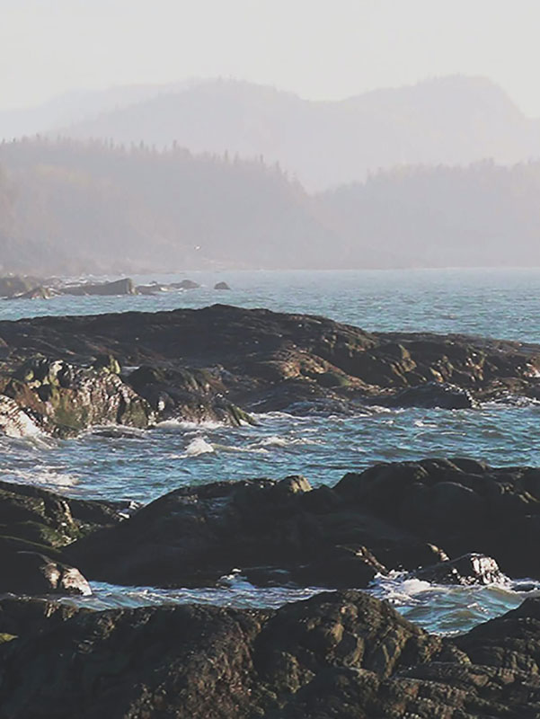 ocean rocks and mountains behind